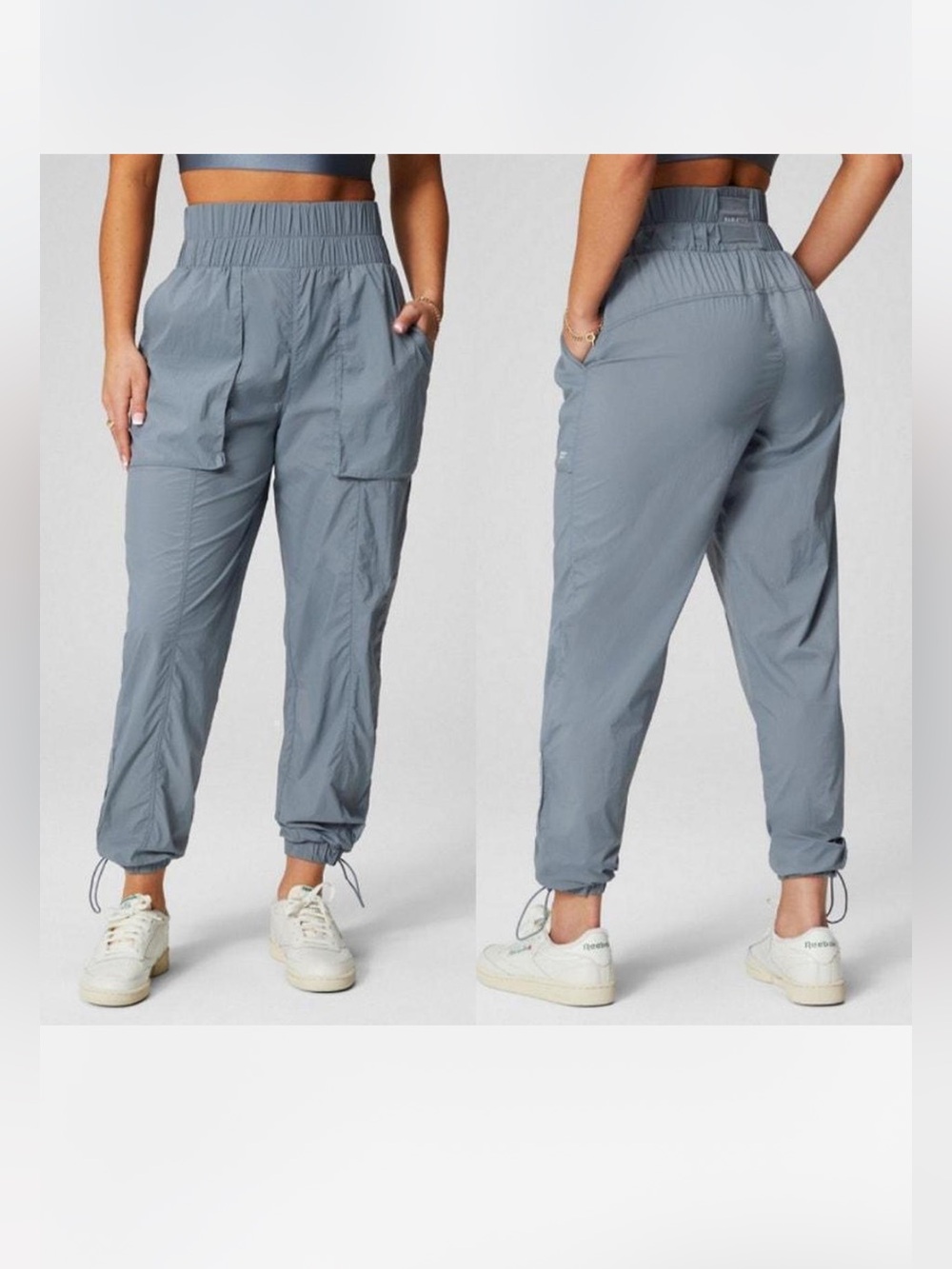 Fabletics Windbreaker Parachute Pants Joggers Reflective Storm Cloud Gray